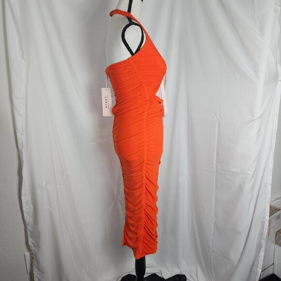 Oh Polly Halter Cutout Ruched Midi Dress Women's Sz 4  Orange Bodycon Party - Picture 5 of 14